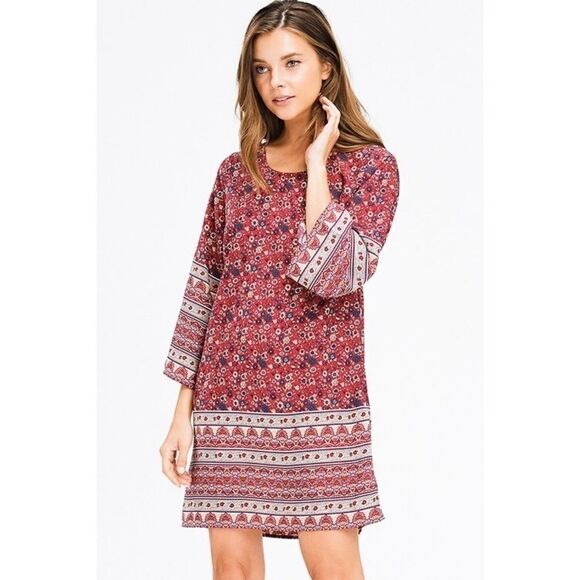 Burgundy Floral Ethnic Print Boho Mini Dress - Picture 3 of 10